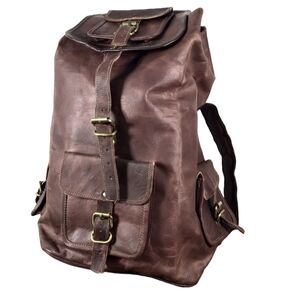 RARE Vintage handmade large genuine cow hide oiled leather backpack trav…